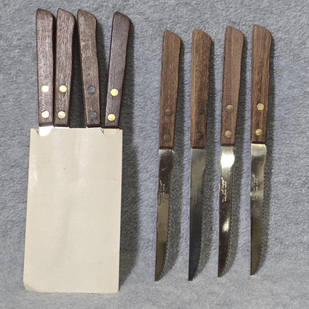 Vintage Hanford Forge Steak Knives Set 8 Brown Wood Handle Stainless Japan